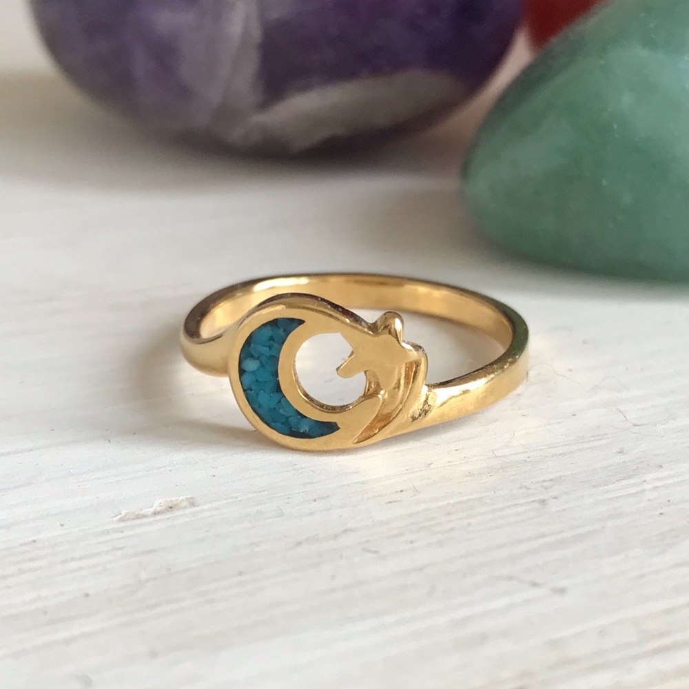 Gold Tone Faux Turquoise Star and Moon Ring, Size 7